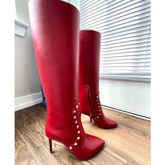 Valentino Shoes - Valentino Garavani Rockstud Leather Knee-high Boots in Red
